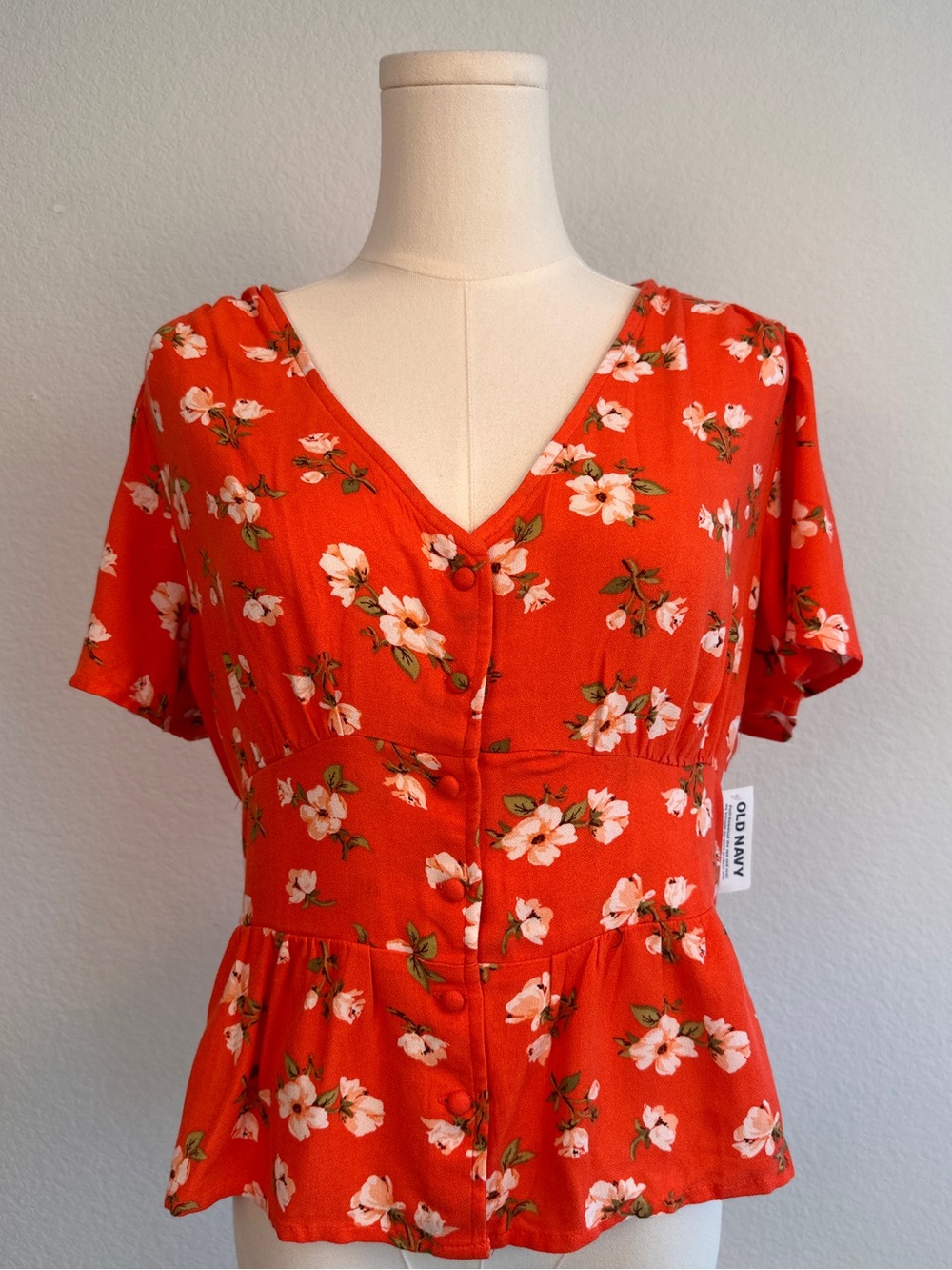 Old Navy Orange Red Floral Peplum Blouse l Flutter Sleeve l Petite Medium